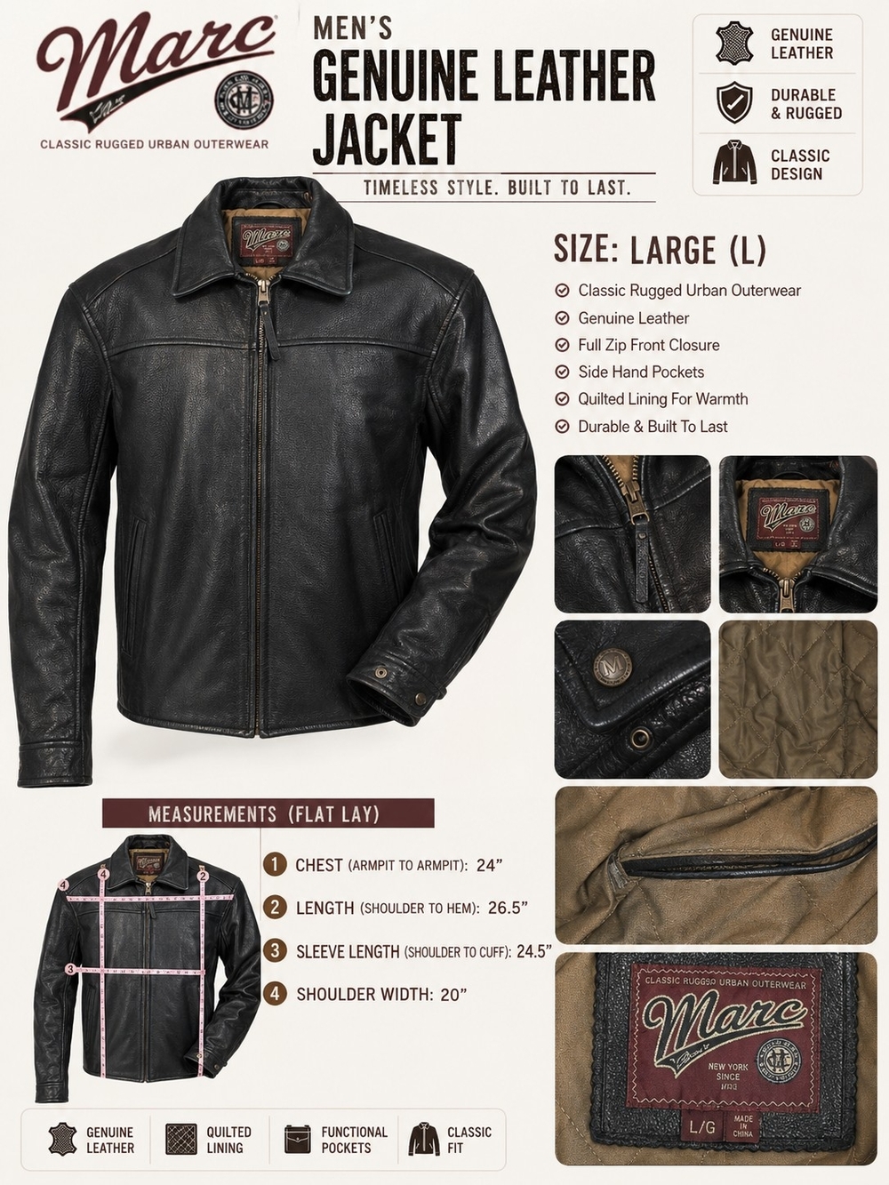 Marc New York Black Genuine Leather Bomber Jacket